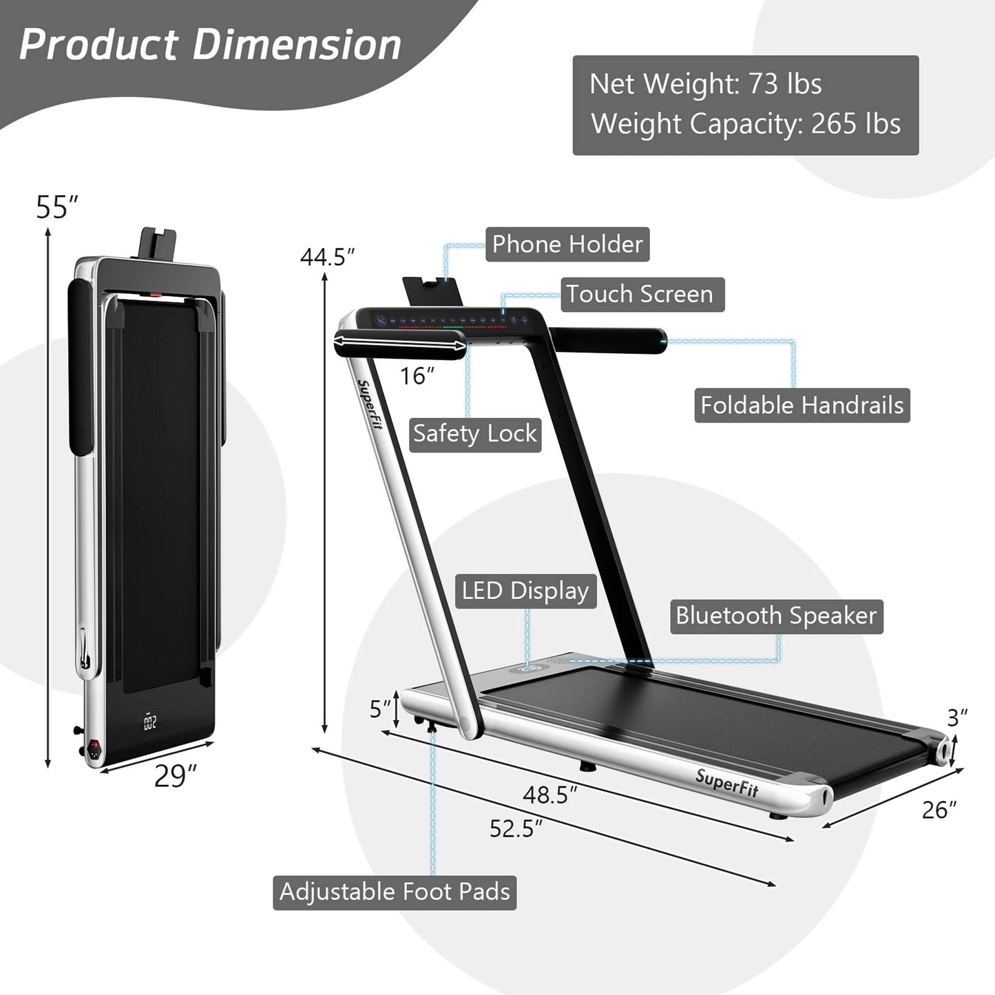 Superfit up to 7.5MPH 2.25HP 2 in 1 Dual Display Screen Treadmill Jogging Machine W/APP Control White
