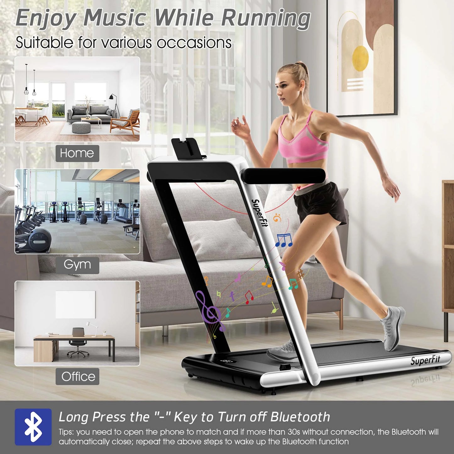 Superfit up to 7.5MPH 2.25HP 2 in 1 Dual Display Screen Treadmill Jogging Machine W/APP Control White