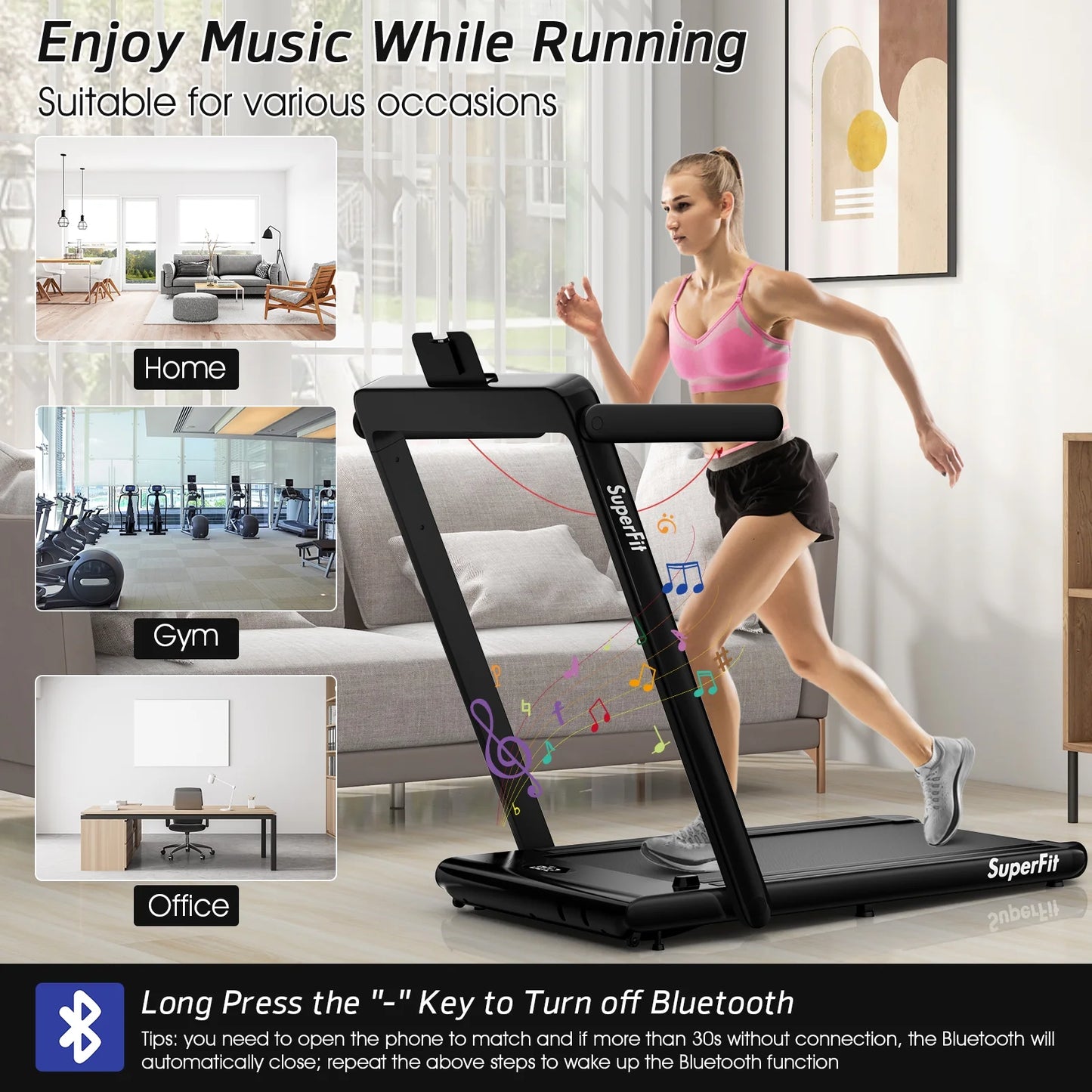 Superfit up to 7.5MPH 2.25HP 2 in 1 Dual Display Screen Treadmill Jogging Machine W/APP Control Black