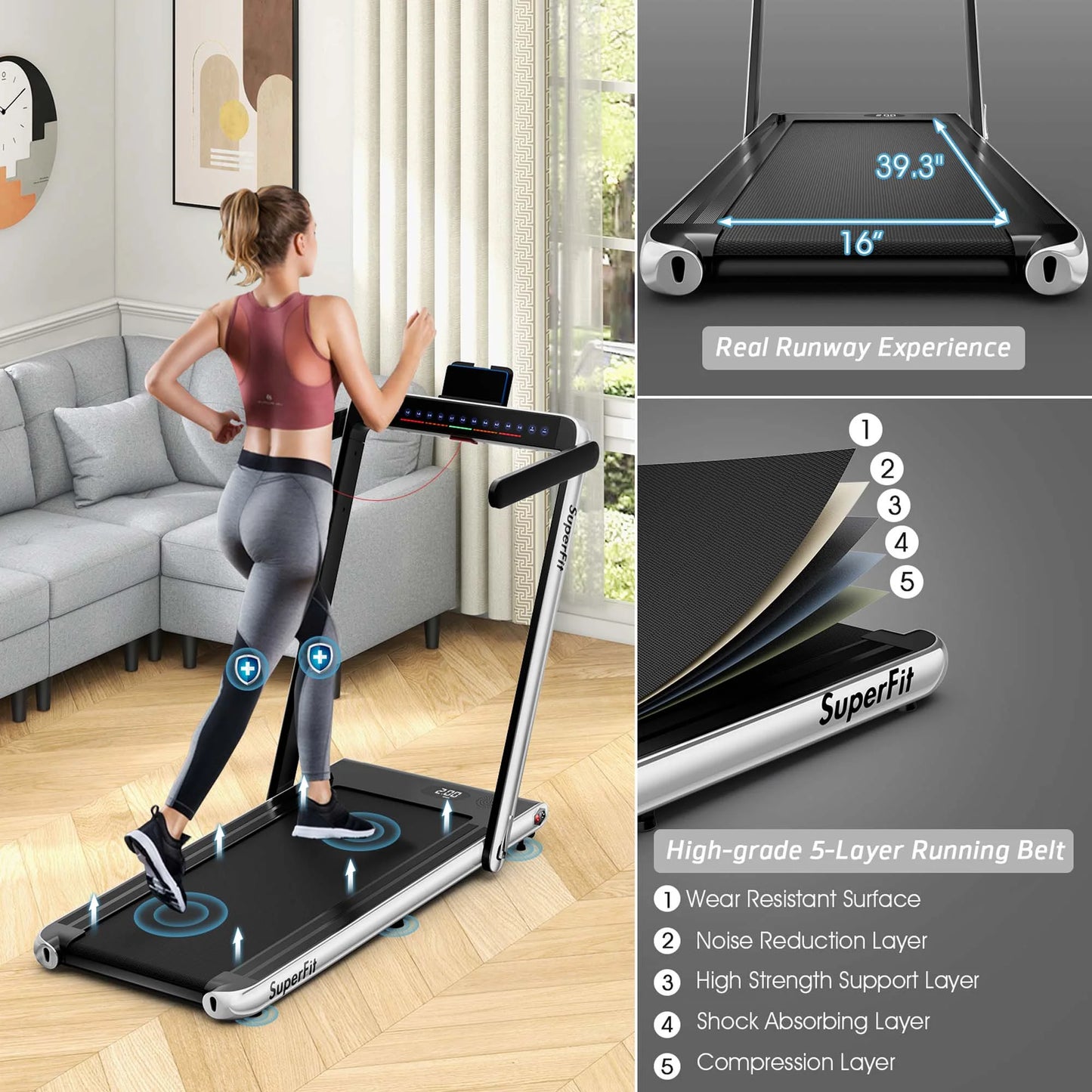 Superfit up to 7.5MPH 2.25HP 2 in 1 Dual Display Screen Treadmill Jogging Machine W/APP Control White
