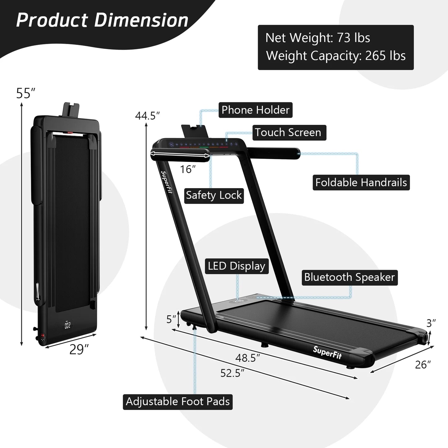 Superfit up to 7.5MPH 2.25HP 2 in 1 Dual Display Screen Treadmill Jogging Machine W/APP Control Black