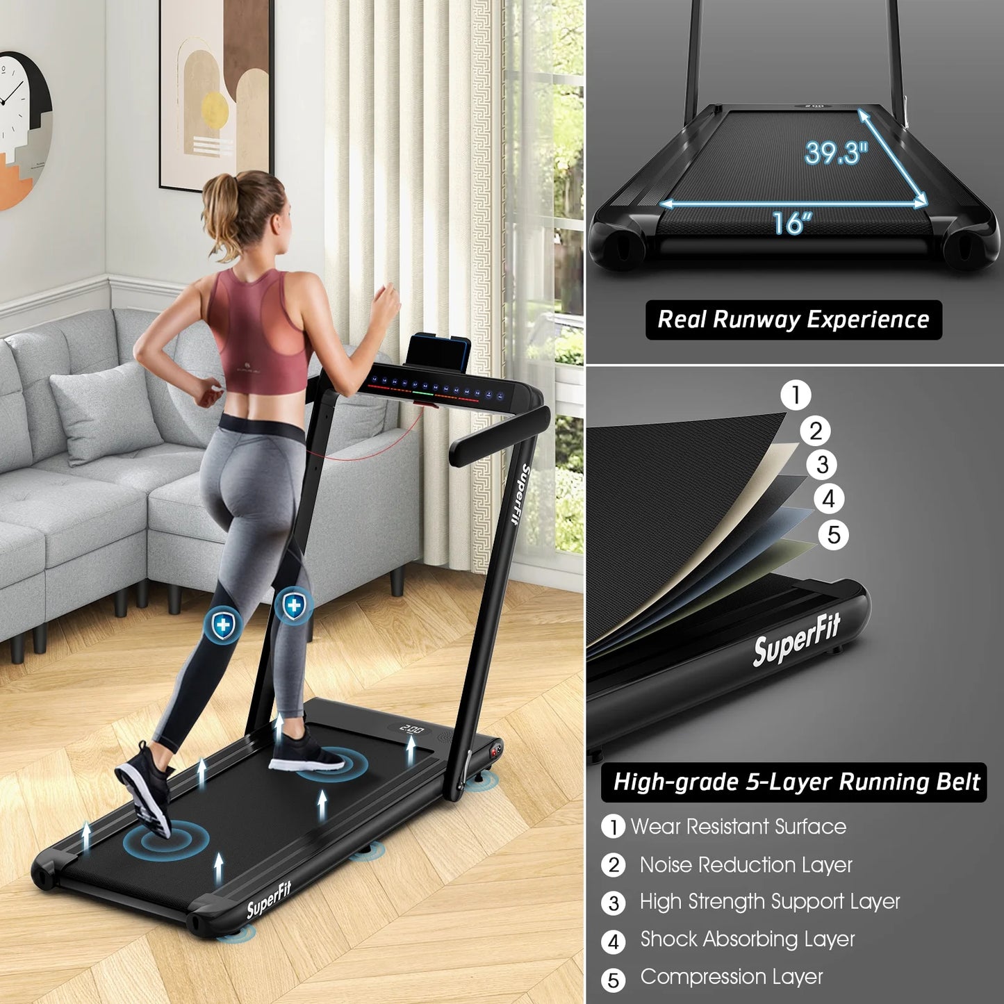 Superfit up to 7.5MPH 2.25HP 2 in 1 Dual Display Screen Treadmill Jogging Machine W/APP Control Black