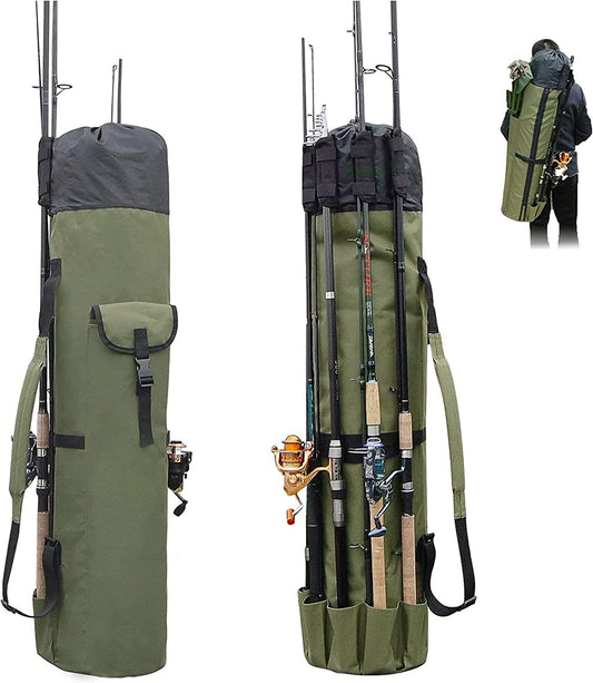 Fishing Pole Bag with Rod Holder Fishing Rod Bag Carrier Case 5 Poles Waterproof Travel Case Fishing Tackle Box Storage Bag Durable Fishing Gear Organizer Fishing Gift for Men (Khaki)