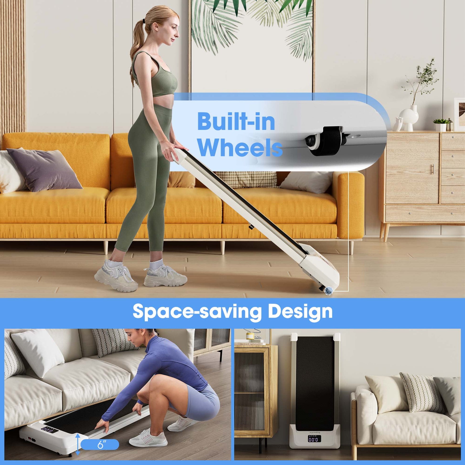Under-desk treadmill for walking while working at a standing desk